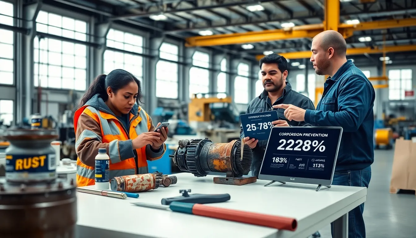 Engineers inspecting rusted metal in a modern manufacturing facility.