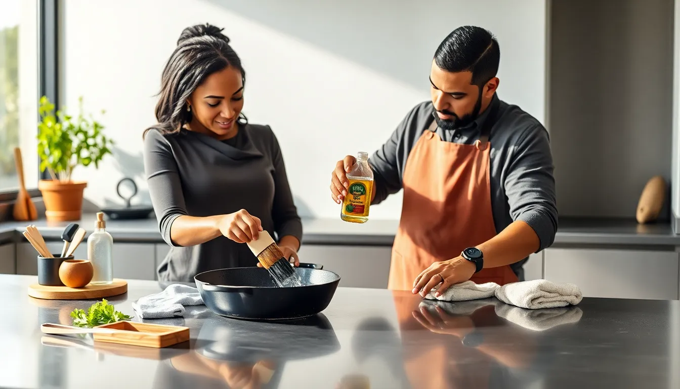two professionals cleaning a cast iron skillet in a modern kitchen.