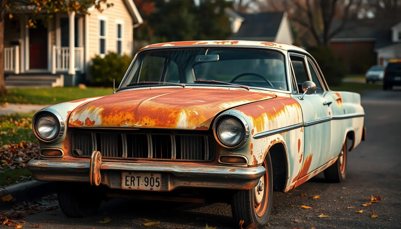 Old, rusty car parked on a suburban street in the US.