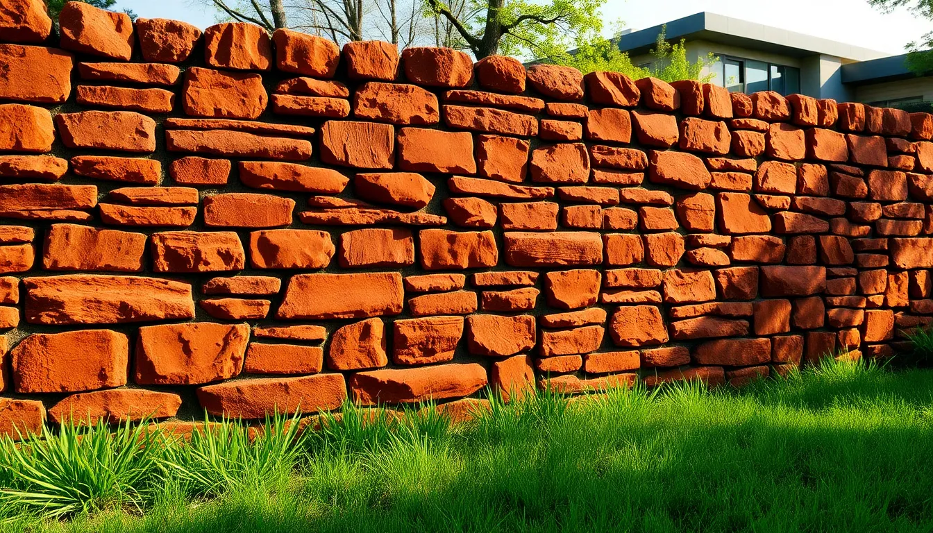 rust stone wall surrounded by green landscape.