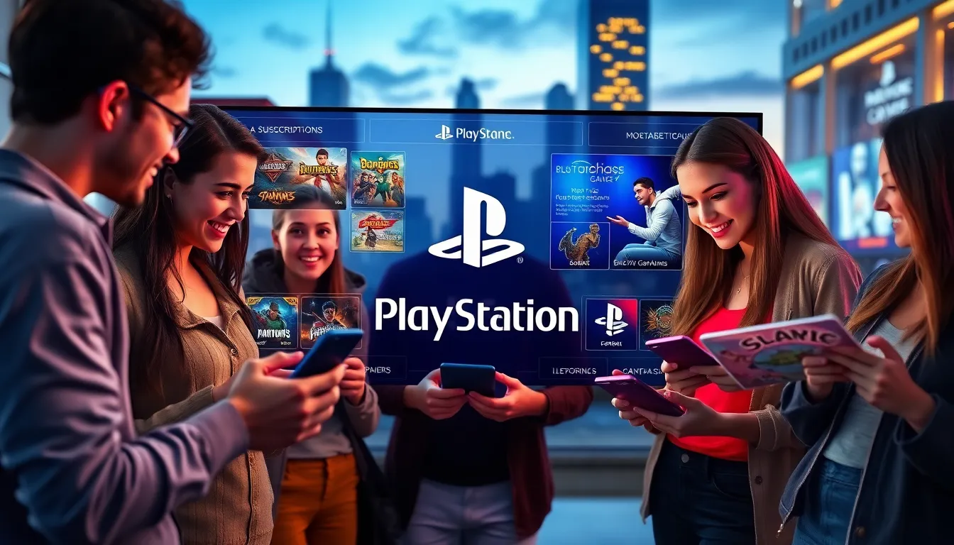 diverse group of gamers discussing PlayStation CashStar in a modern setting.