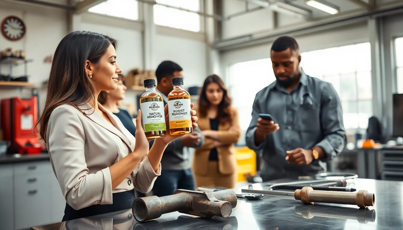 professionals discussing natural rust removal solutions in a modern workshop.