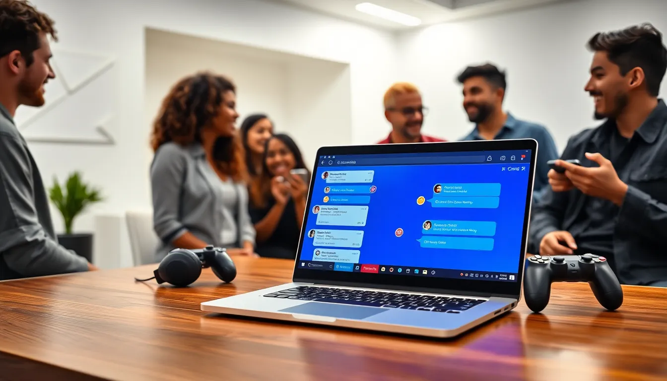 gamers using PlayStation chat on a sleek laptop in a modern office.