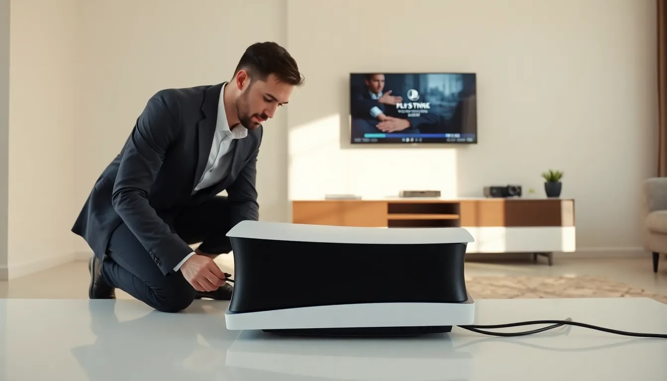 person inspecting power cable of a PlayStation 5 console.