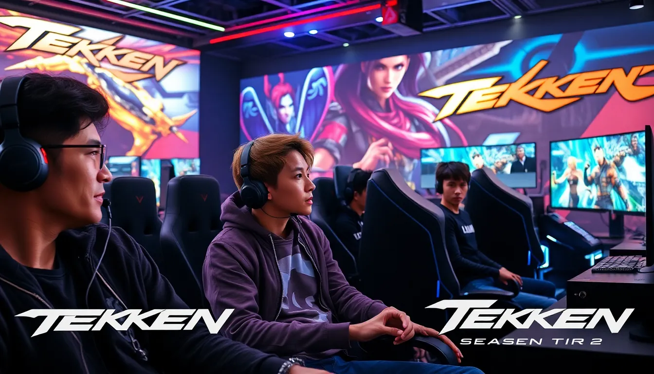 gamers engaged in Tekken Season 2 gameplay in a modern setting.