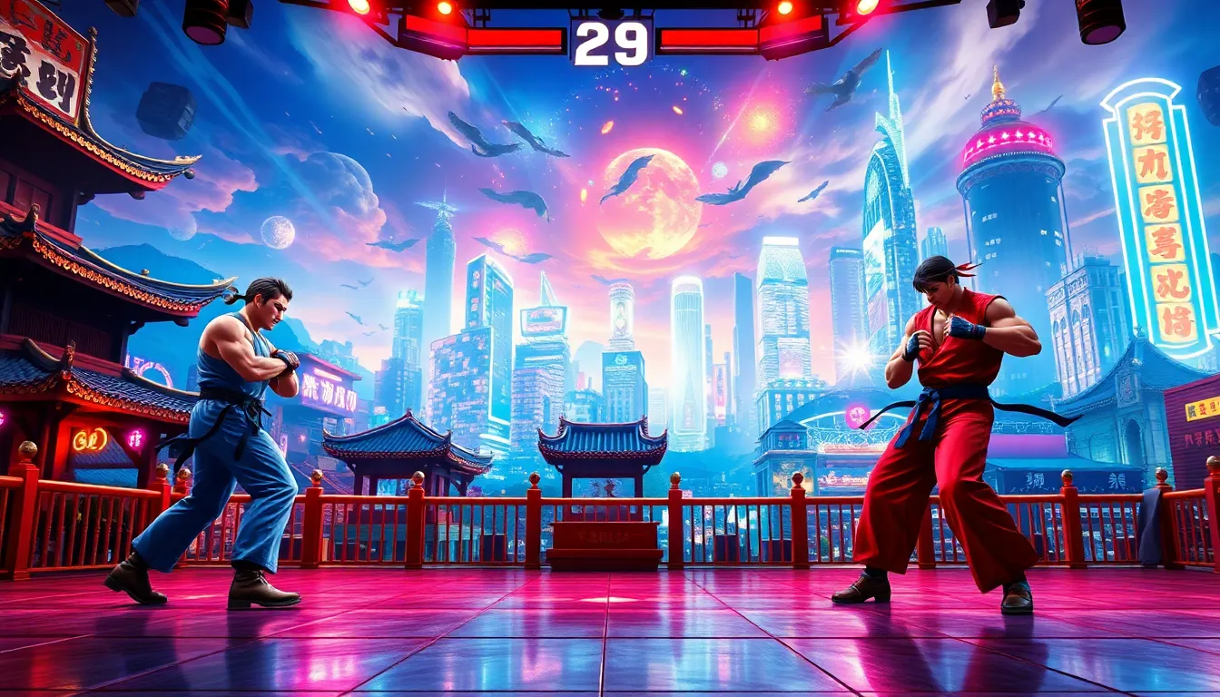 a vibrant fighting game stage with two fighters in action.